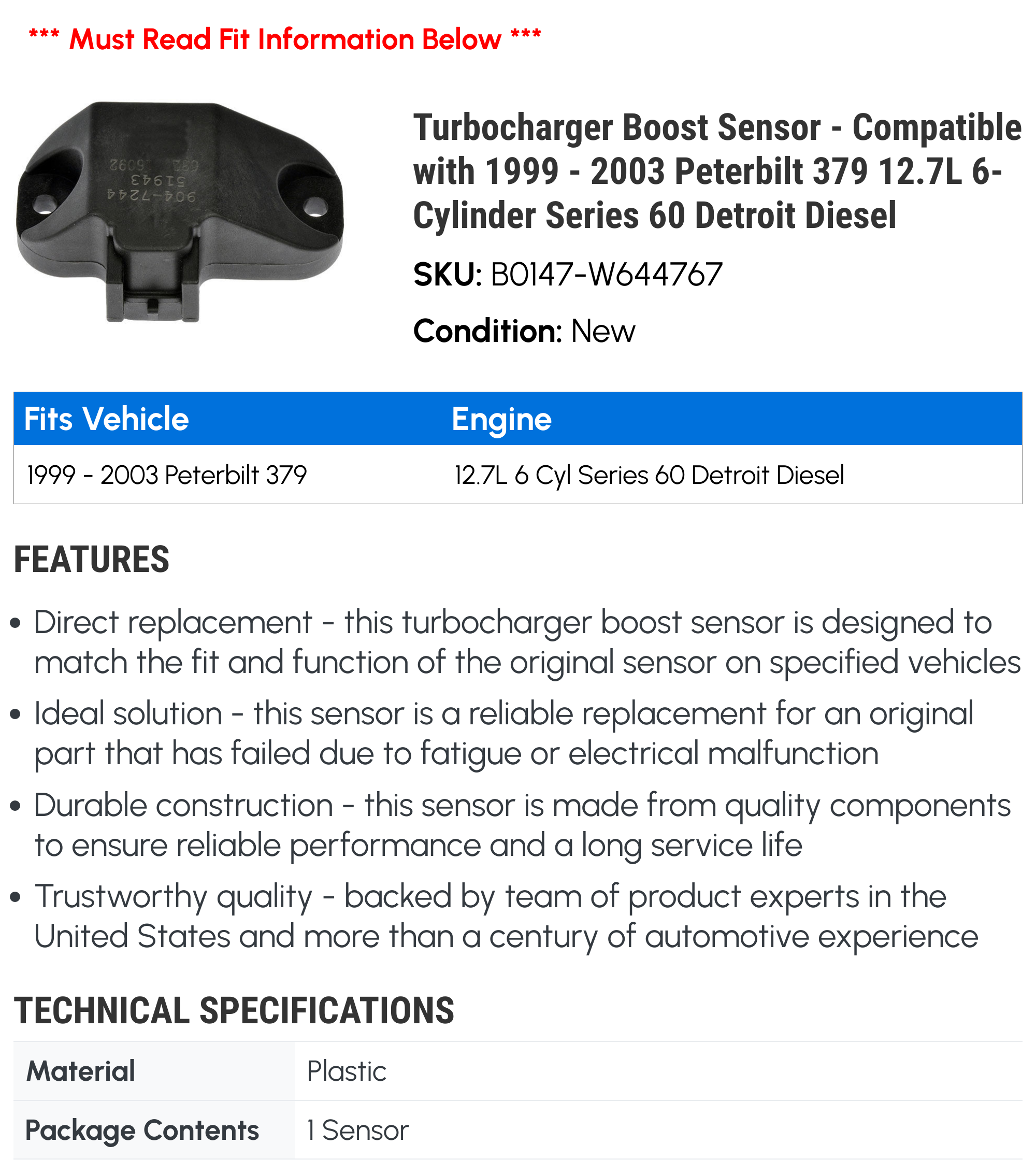 Turbocharger Boost Sensor Compatible with 1999 2003 Peterbilt 379 12.7L  6-Cylinder Series 60 Detroit Diesel 2000 2001 2002