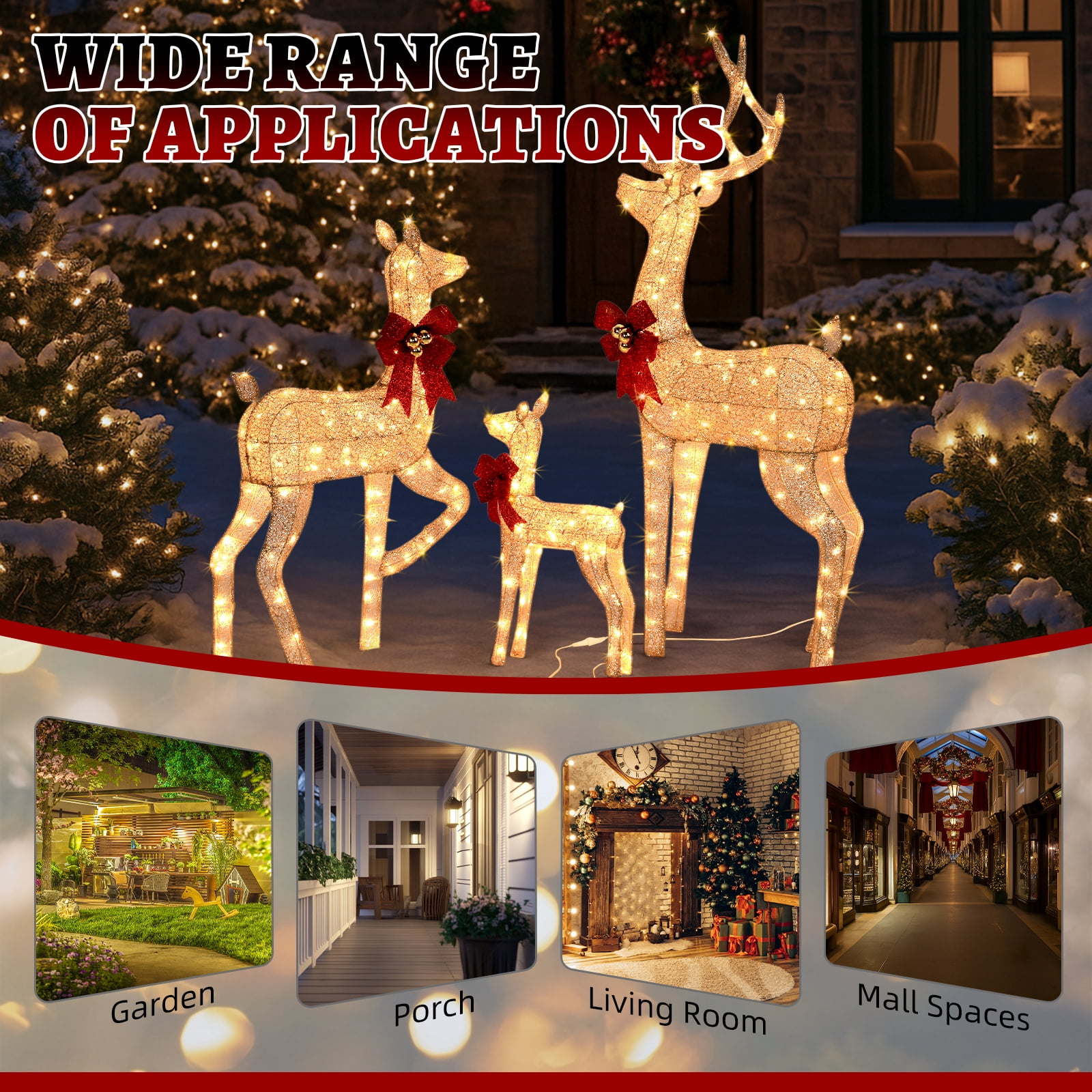 Astoutdoor 3-Piece Lighted Christmas Reindeer Family Set, Pre-Lit 290 LED Warm White Lights, White, Indoor Outdoor Holiday Decoration