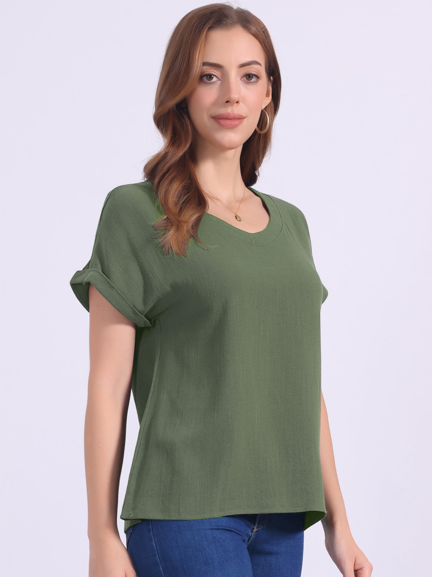 DARING DIVA Women's Linen Shirts Short Sleeve V Neck Blouse XL Army Green