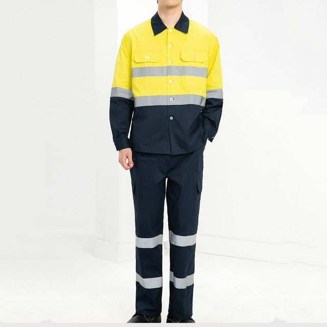 Men Safety Work Suit, High Visibility Reflective Button-up Shirt Jacket Straight Leg Cargo Pants Sets Multi Pockets 2 Piece Outfits Corporate Uniforms Workwear