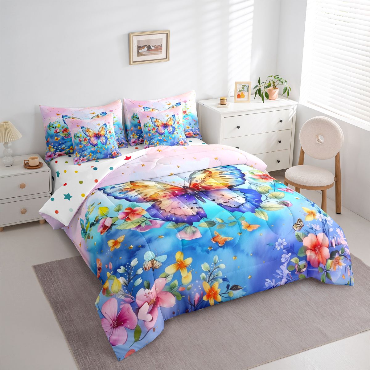 Homewish Cartoon Butterflies 7pcs Bedding Comforter Set,Rustic Plant Flowers Queen Bedding Sets,Blue Pink Queen Sheet Sets For Girl Teens,Breathable Home Decor Reversible