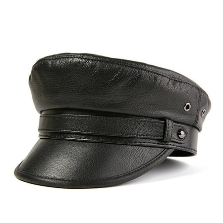 Milit-ary Hat Men Women Real Leather Sailor Cap White Black Brown Autumn Winter Male Genuine Leather Mil-itary Cap Classic Design