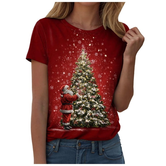 Gubotare Christmas Tops for Women 2025 Cute Print Short Sleeve Shirts Merry Christmas Bowknot Shirt (Brick Red,XL)