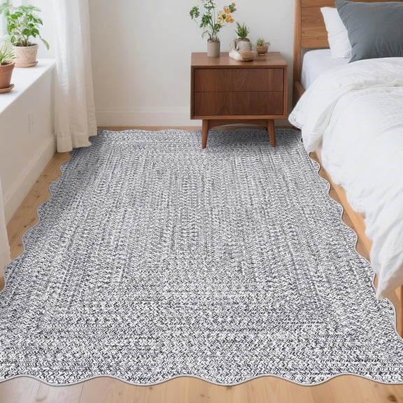 4x6 Scalloped Braided Print Farmhouse Area Rug, TPR Non Slip Washable Low Pile Small Space Living Room Bedroom Carpet,Gray