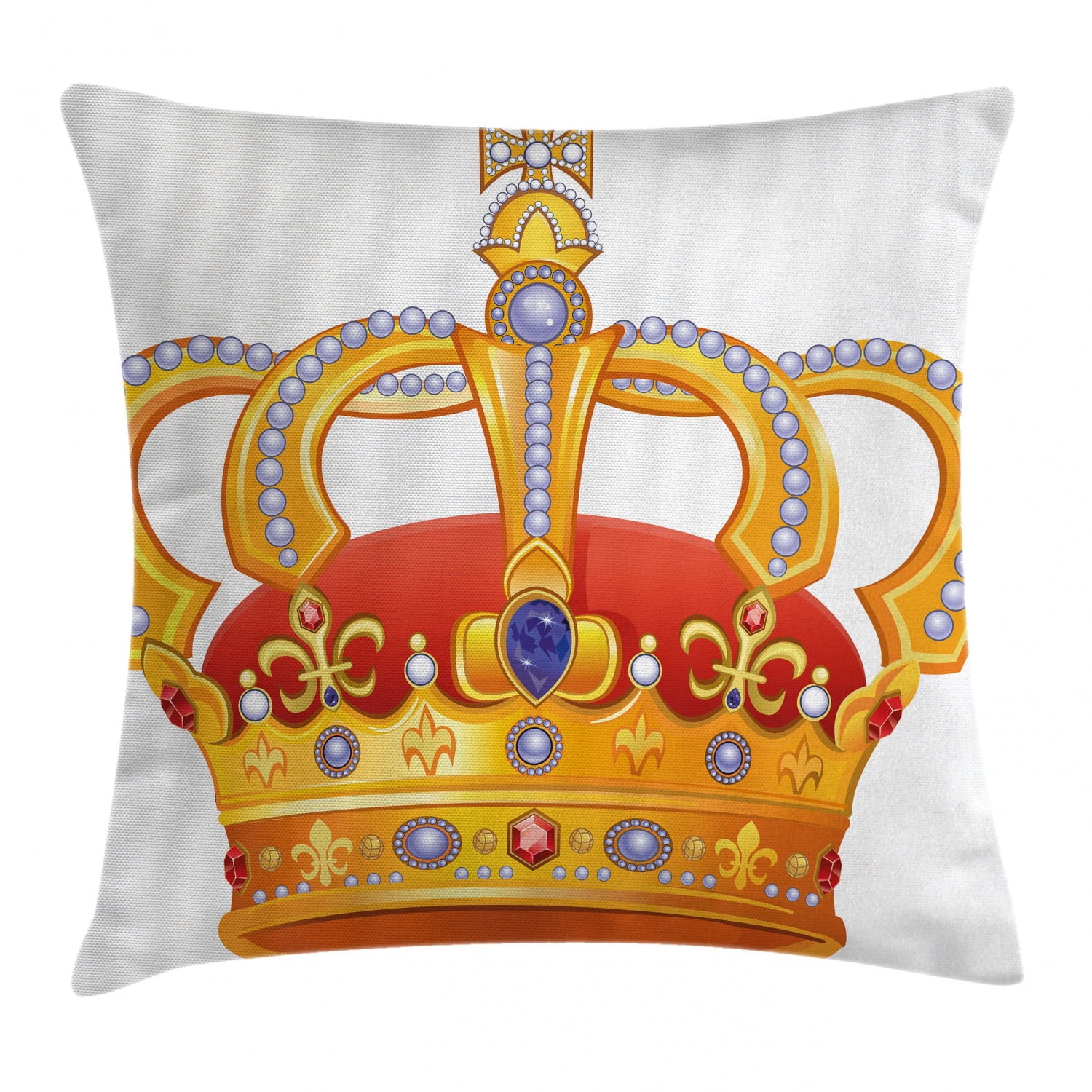 King Throw Pillow Cushion Cover, Royal Crown with Gem Like Image Symbol