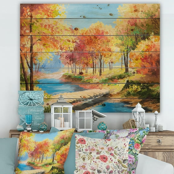 Designart 'Orange and Yellow Trees By The Riverside' Lake House Print on Natural Pine Wood