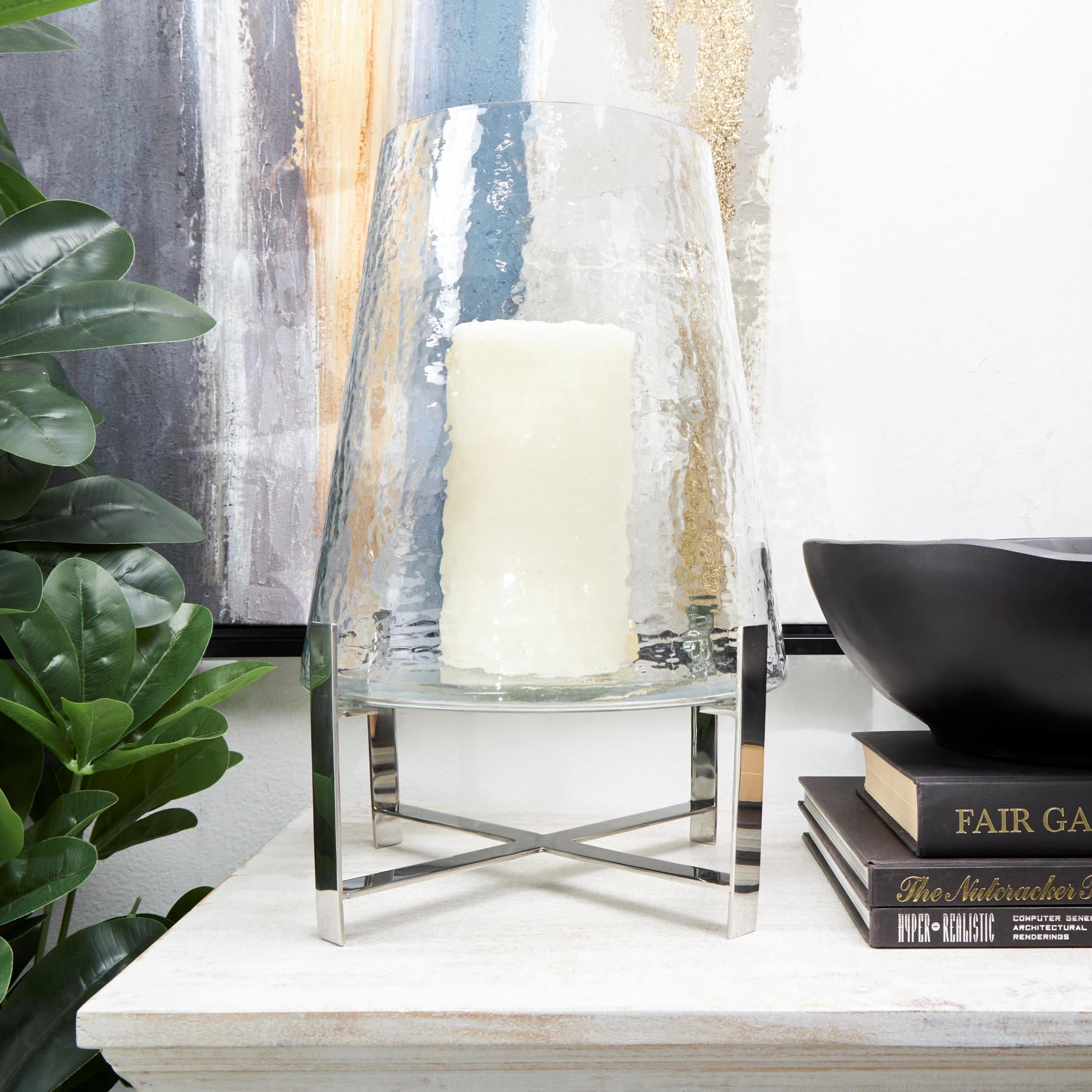 DecMode Stainless Steel Metal Hurricane Lamp with Stainless Steel X Shaped Base
