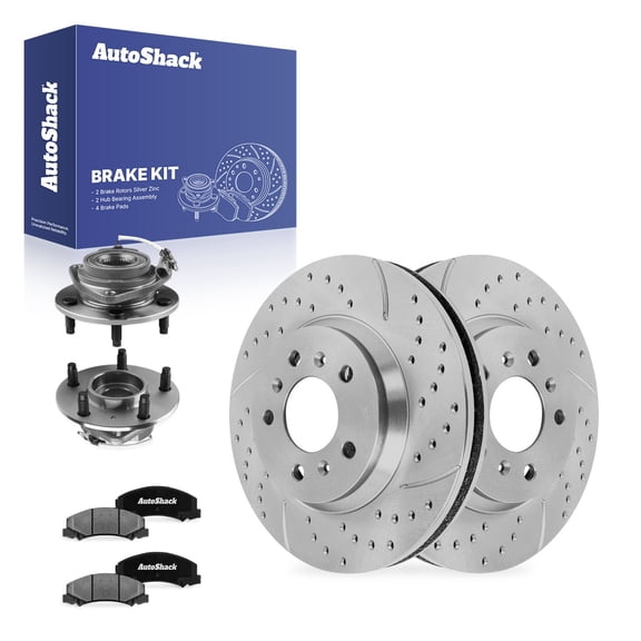 AutoShack Front Vented Drilled & Slotted Silver Zinc Coated Brake Rotors   Ceramic Pads   Hub Bearing Assembly 8-PC Brake Kit Replacement for 2006-2011 Buick Lucerne SilverShield Pro 11.93" (303 mm)
