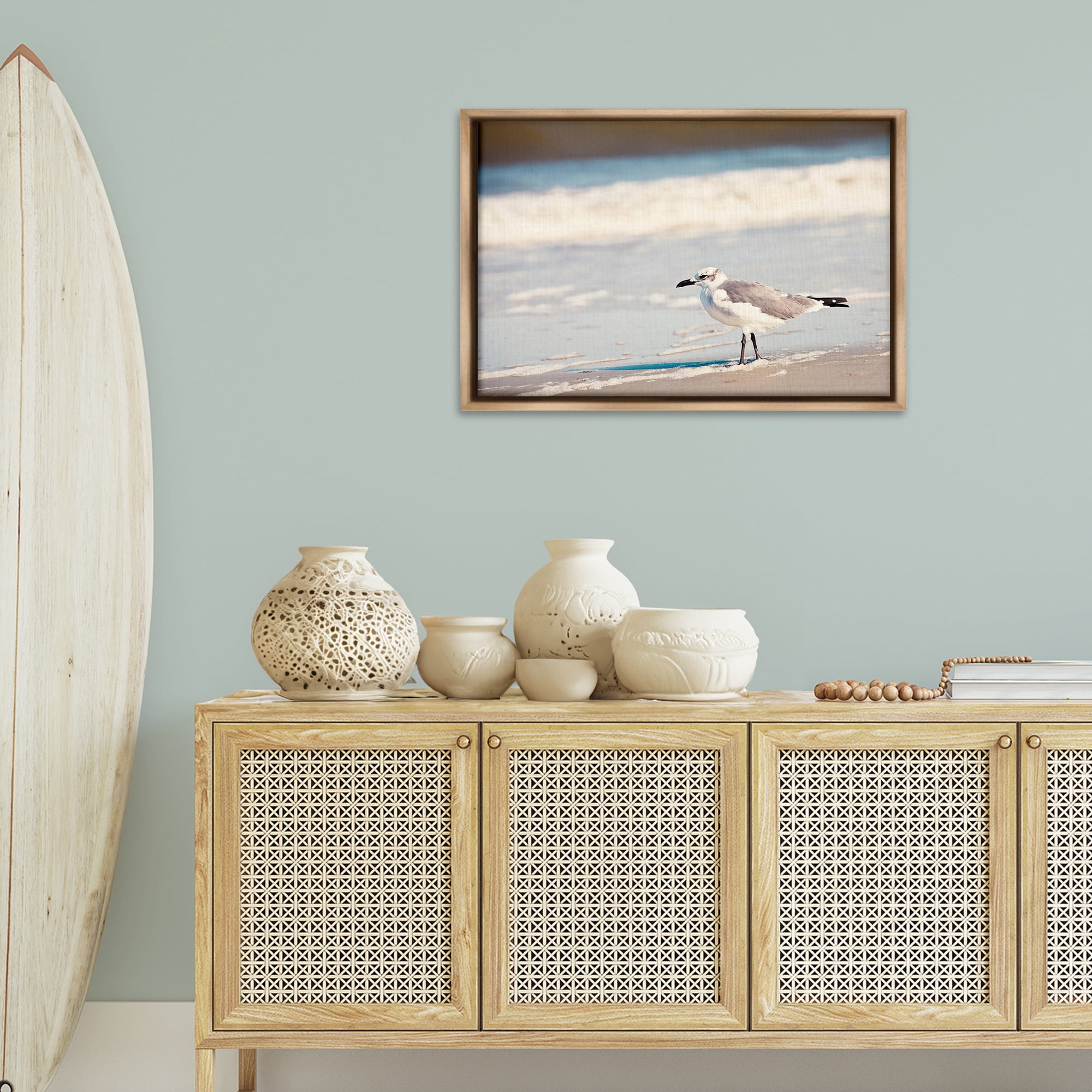 Stupell Industries Seagull Stepping on Shore Coastal Photography Brown Floater Framed Canvas Art Print Wall Art, 31 x 21
