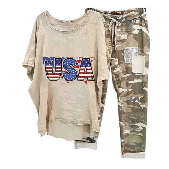 Summer Savings!Yanhaigong Patriotic Capri Pajamas for Women Clearance,Cotton Camouflage Capri Pajamas Sets for Women,Casual Short Sleeve Tops with Capri Sleepwear Sets, 4th Of July Clothes Women