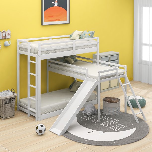 Euroco LShaped Twin Over Twin Over Twin Bunk Bed, Triple Bed with