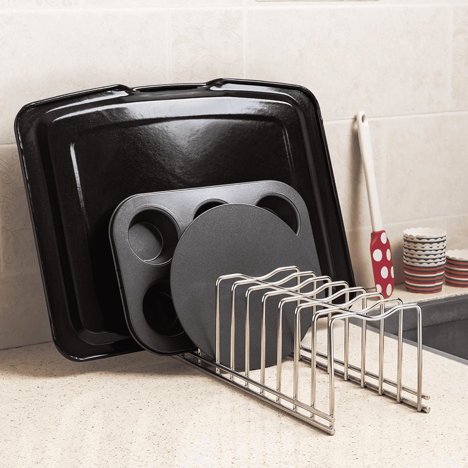 JORETLE Pot Lid Organizer, Pot and Pan Lid Holder Kitchen Pot Lid Rack,  Best Organization Tool Suitable for Baking Pan, Cutting Board, Trays (1  PCS, 4