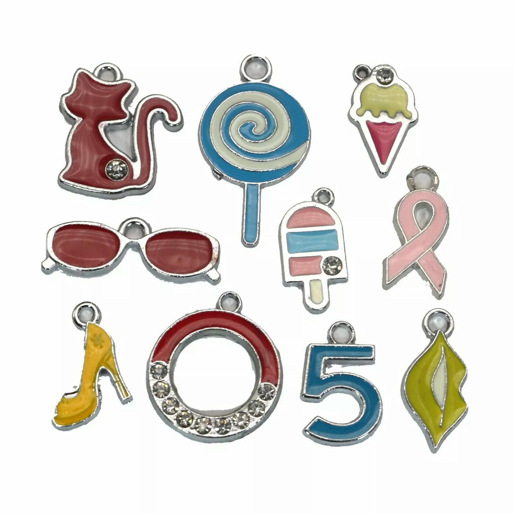 EOEMY 10 Assorted Silver Enamel Charms Pendants Tags Bracelets Necklace Key Ring