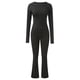 thumbnail image 5 of Conjunto de 2 piezas para mujer: top corto de manga larga y pantalones acampanados de talle bajo, chándal de yoga, tejido de poliéster, estilo informal para todas las estaciones, 5 of 8