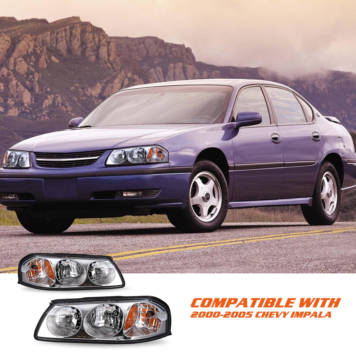 Bryght Impala Chrome Headlights 100w, Amber Halogen Headlights Bulb fits 2000-2005 Chevy Impala