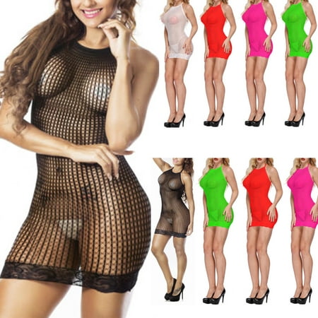 Sexy Women Ladies Sleeveless See-Through Hollow Out Mesh Fishnet Short Mini Dress