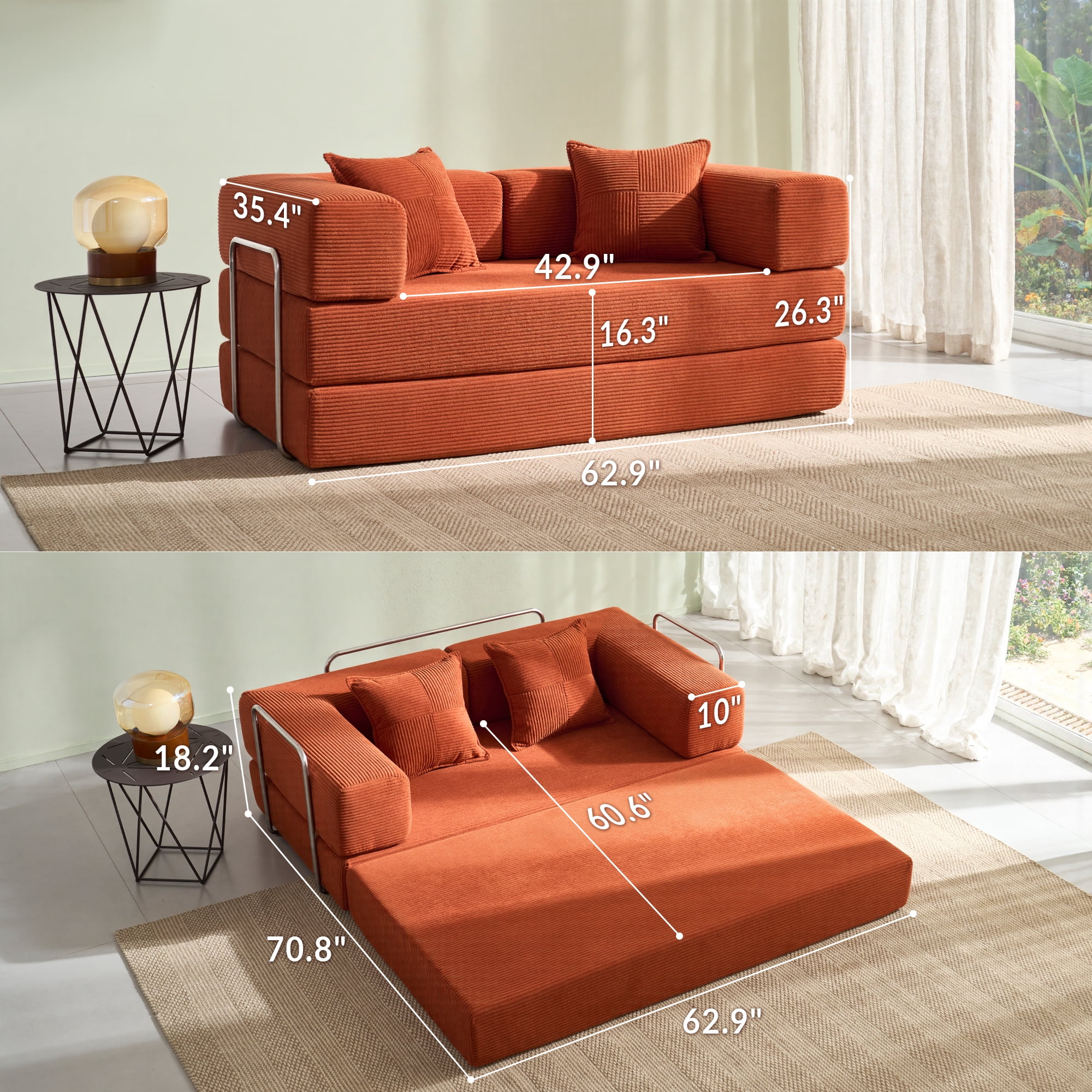 YINIX 62.9" Convertible Sleeper Sofa Bed with 2 Pillows, Removable Floor Sofa Couch for Living Room Small Spaces, Orange