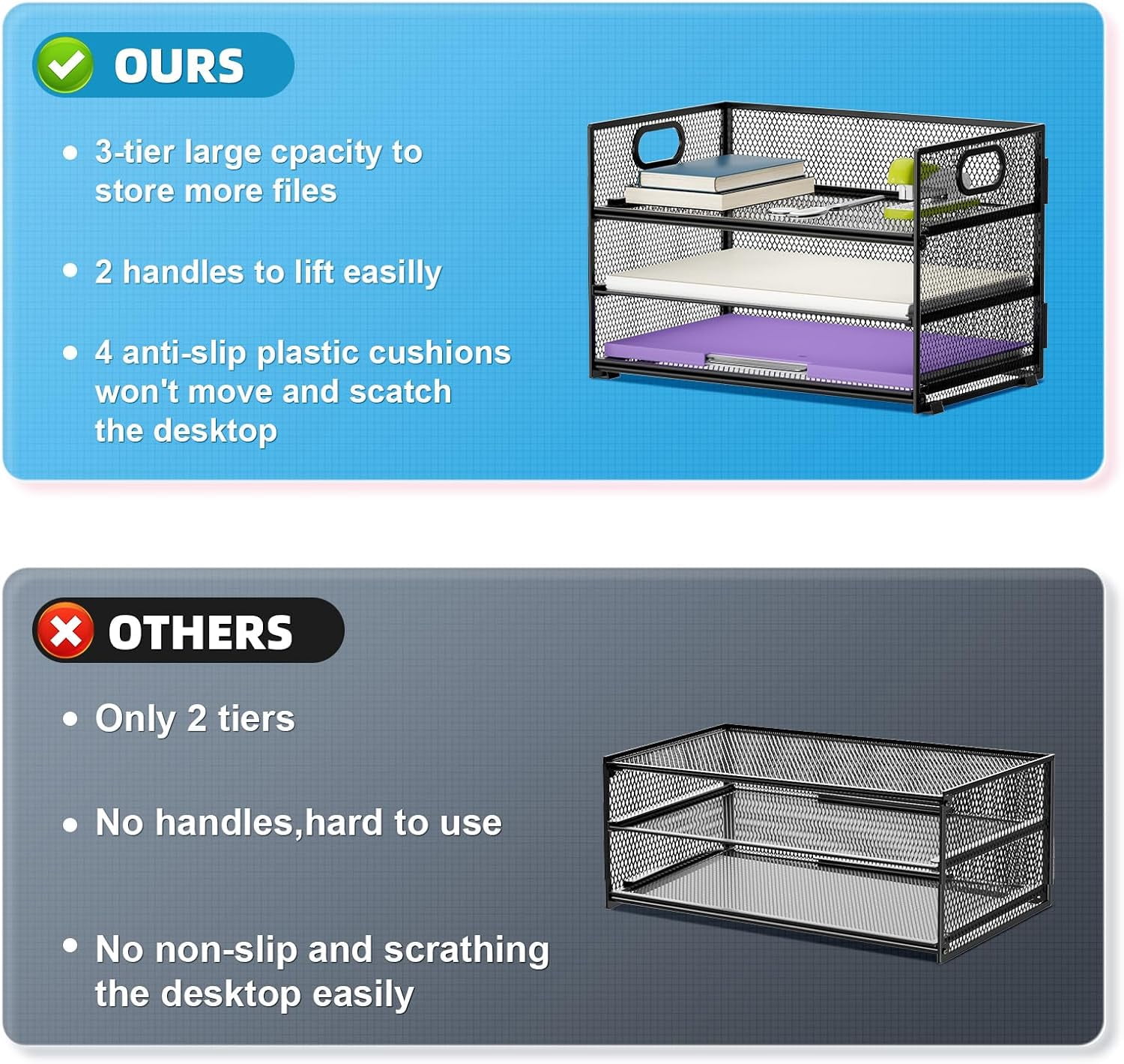 3 Tier Paper Organizer Letter Tray, Mesh File Organizer with Handle, Paper Sorter Desk Organizer for Home Office Supplies
