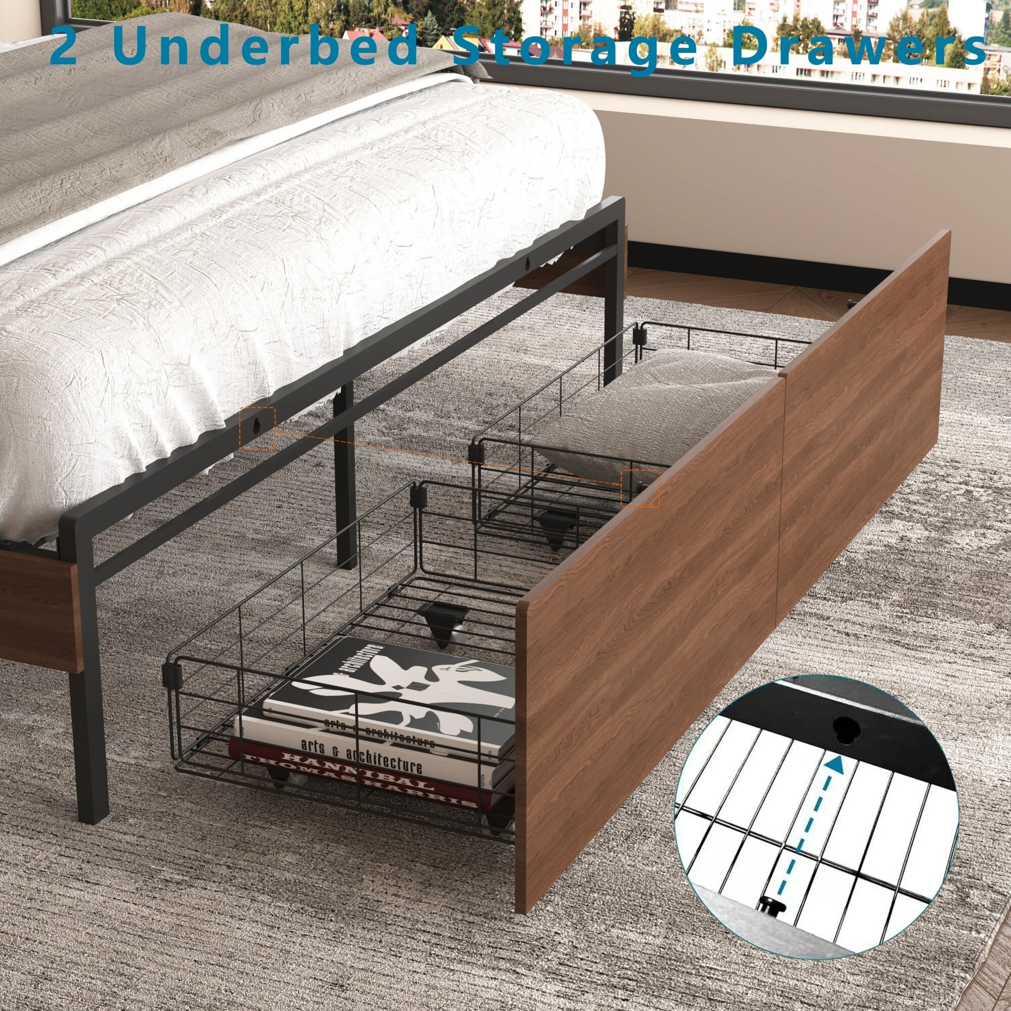 AENKYO Full Size Bed Frame with Bookshelf Headboard, Charging Station, 2 Drawers & Smart LED Lights, Walnut Color