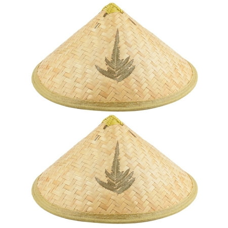 Unisex Farmer Bamboo Plaid Pattern Chin Cord Handmade Hat Steeple Cap Beige 2pcs