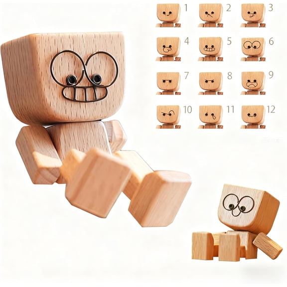Shaking Wooden Man Figurine with 12 Magnetic Changeable Faces - Handmade Shaking Feet Wooden Doll, Fun Car Decor for Dashboard and Interior,Easter Basket Stuffers