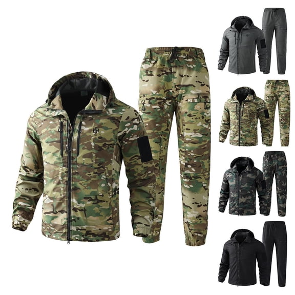 Men's Jacket Suit Workwear Wear Resistant Camouflage Hooded Training Suit, for Mountaineering Outdoor Winter Adventures and Tough Environments,Black,L