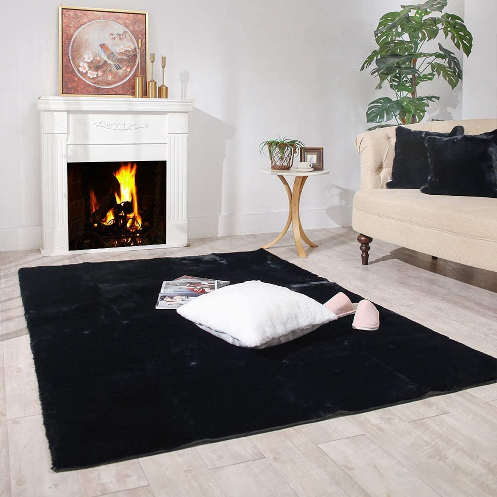 Carvapet Ultra Soft Faux Rabbit Fur Area Rug Fluffy Bedside Carpet Mat for Bedroom Floor Living Room,4ft x 6ft,Black