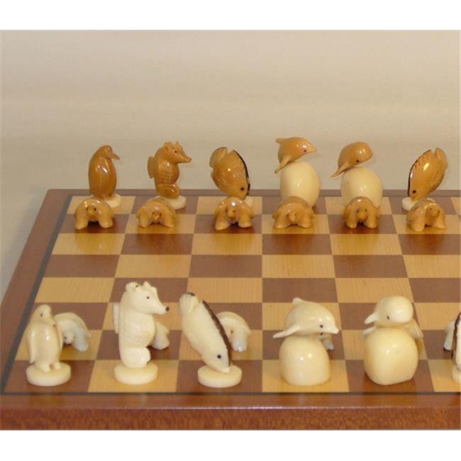 Hand Carved Tagua Nut Turtle Chess Set on Sapele / Maple Board
