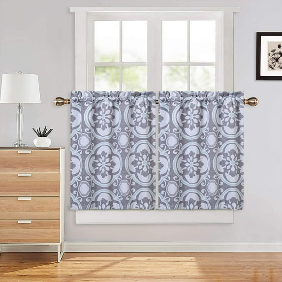 EastVita 2PCS Blackout Fabric Tier Curtains for Kitchen Windows Classic Butterfly Antennae Medallion Printed Rod Pocket Small Curtain Panels for Bathroom, Cafe, Living Room, etc