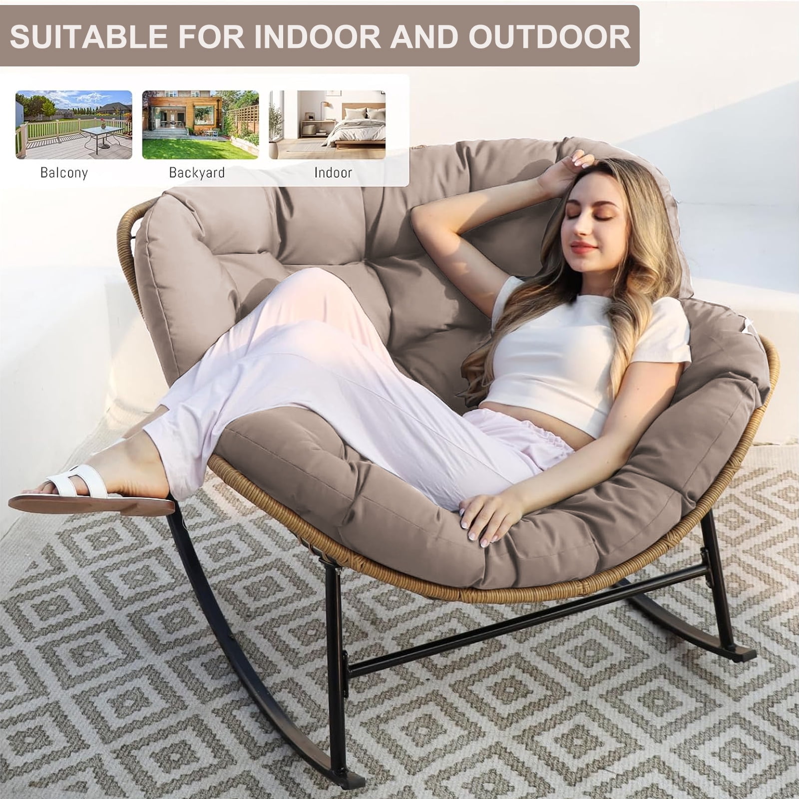 XXLYY Outdoor Rocking Chair Cushions – 6.3" Thick Waterproof Papasan Egg Chair Pad with Ties, Comfortable Round Seat Cushion for Living Room, Patio, Porch, or Balcony
