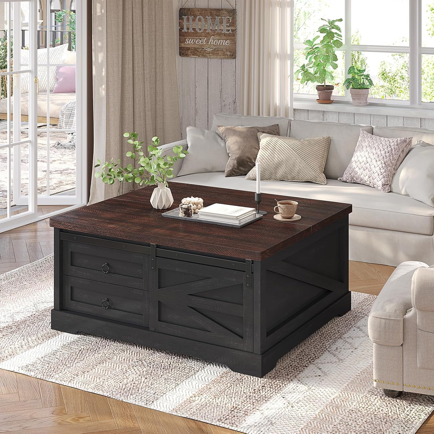 39.4" Lift-Top Coffee Table with Storage, Farmhouse Square Coffee Table with Drawers, Sliding Door and Hidden Storage Compartment, Center Table Gaming Station or Workspacefor Living Room, Black