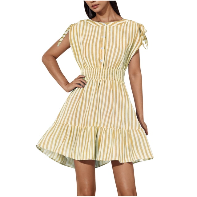 Vestido de Impresión de Rayas de las Mujeres, Cuello Redondo sin Mangas con Hebilla Decorativa de Correa de Hombro Y Cintura Elástica, Vestido Ligero