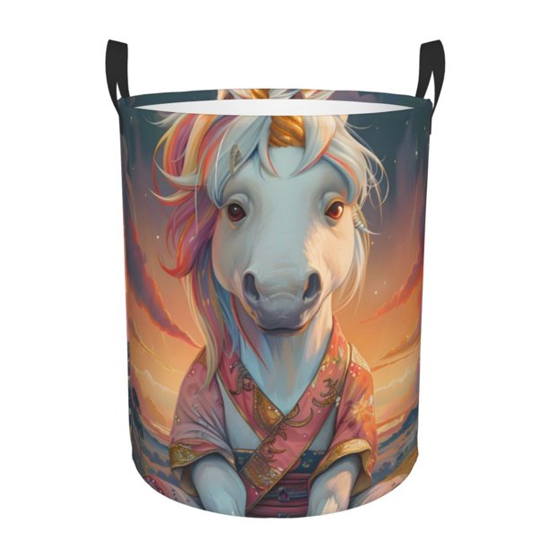 Balery Starry Sky Cute Horse Cesta de ropa redonda con asas, impermeable, independiente, para ropa, juguetes, dormitorio y familia-Small