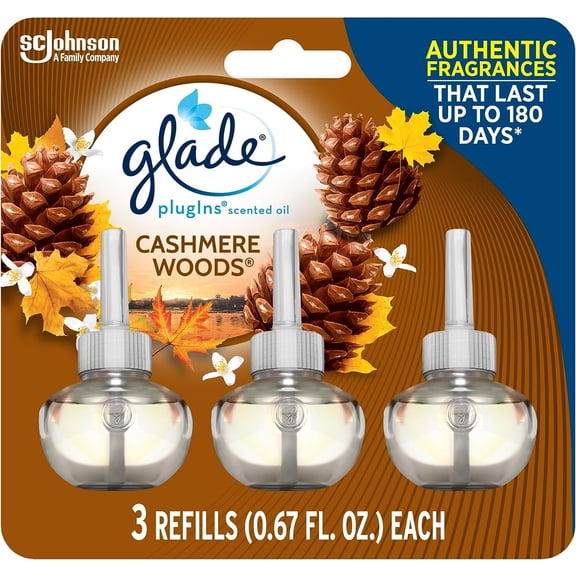 Glade PlugIns Refills Air Freshener, Scented and Essential Oils for Home and Bathroom, Cashmere Woods, 2.01 Fl Oz, 3 Count