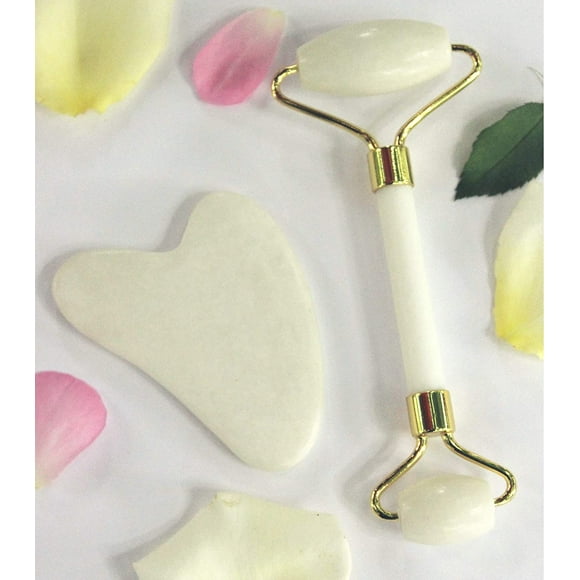 BigM Blanc Jade Roller & Gua Sha Spa Outils, Naturel, Double Fini, Visage Anti-Vieillissement, De-Puffing Fonctions, Aide Drainage Lymphatique Massage, Réduire les Ridules, Rides sur la Peau du Visage