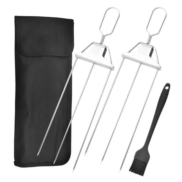 Brochetas de parrilla de 3 vías,Brochetas de acero inoxidable semiatuo para el hogar con barra de empuje,Brochetas de metal reutilizables para asar