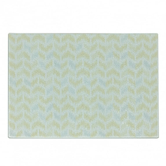 Yellow Chevron Cutting Board, Ikat Style Abstract Sketchy Looking Faded Zigzag Motif Tile, Decorative Tempered Glass Cutting and Serving Board, Small Size, Marigold Pale Blue White, by Ambesonne