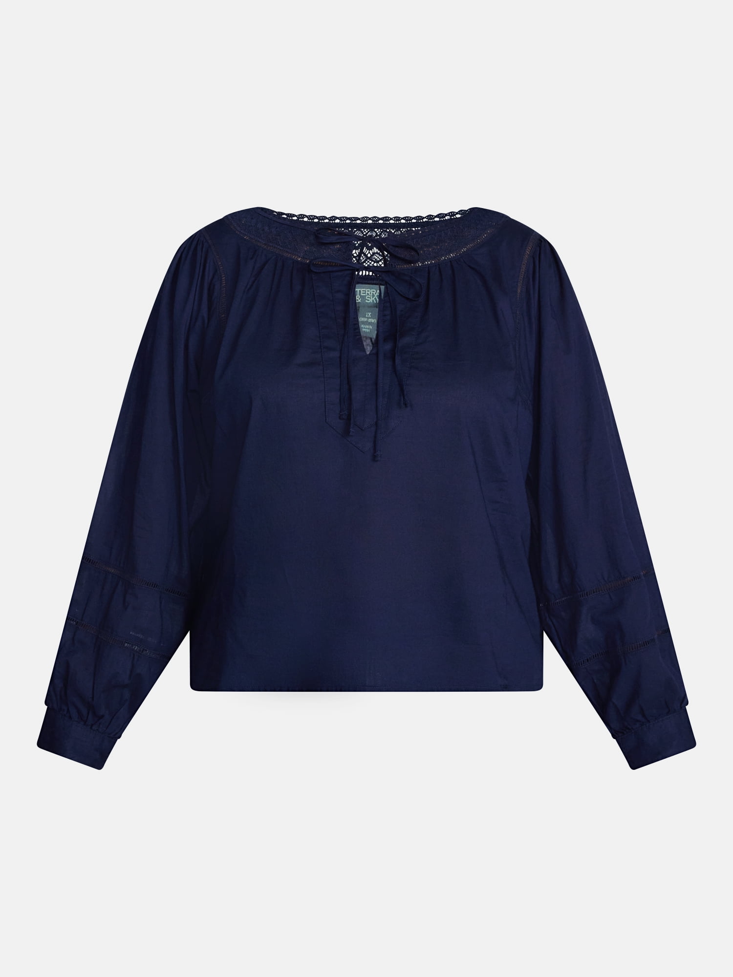 Terra & Sky Women's Plus Tie Front Geo Eyelet Cotton Blouse with Long Sleeves, Sizes 0X-5X