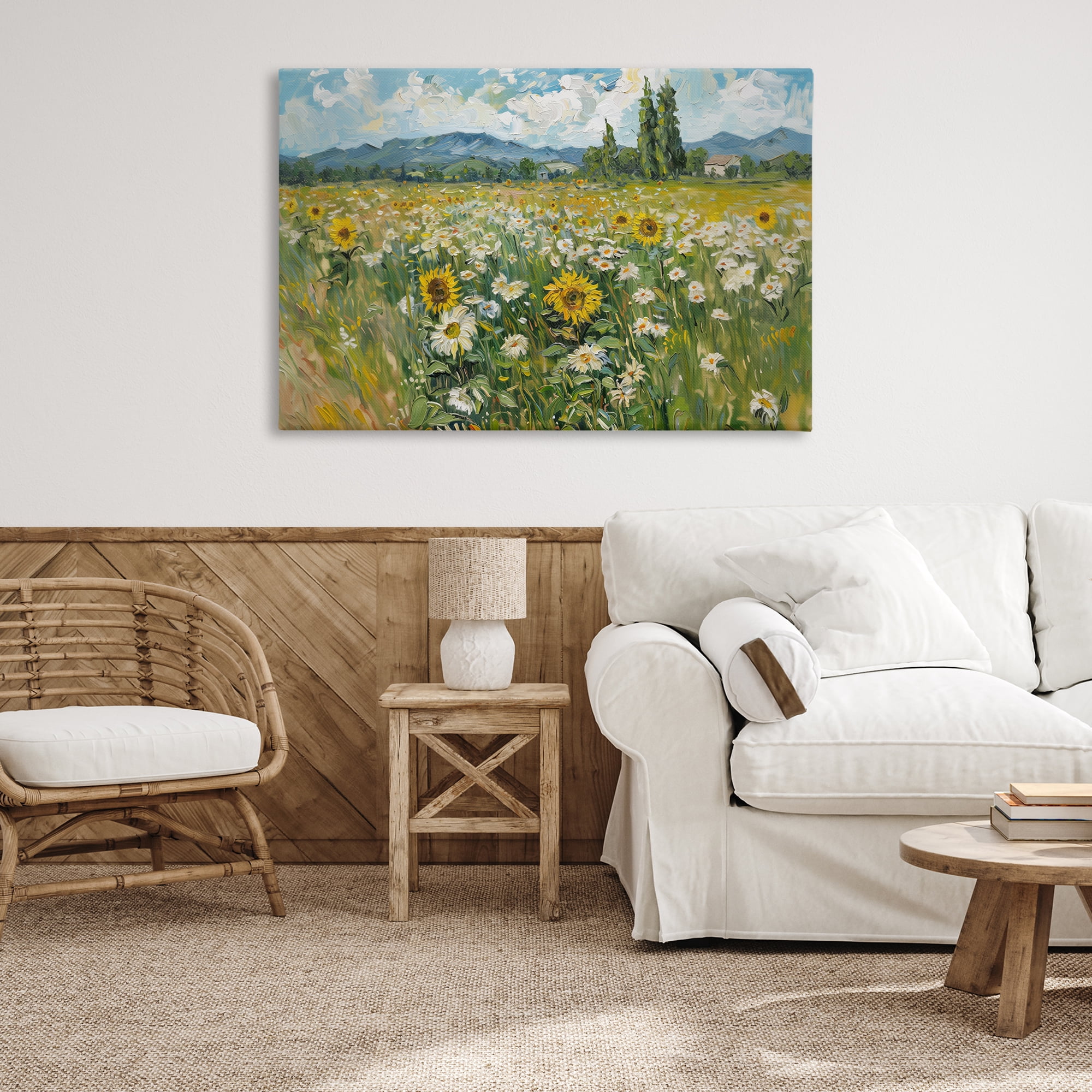 Stupell Industries Sunflower & Daisy Meadow Landscape & Nature Painting Wrapped Canvas Art Print Wall Art, 45 x 30