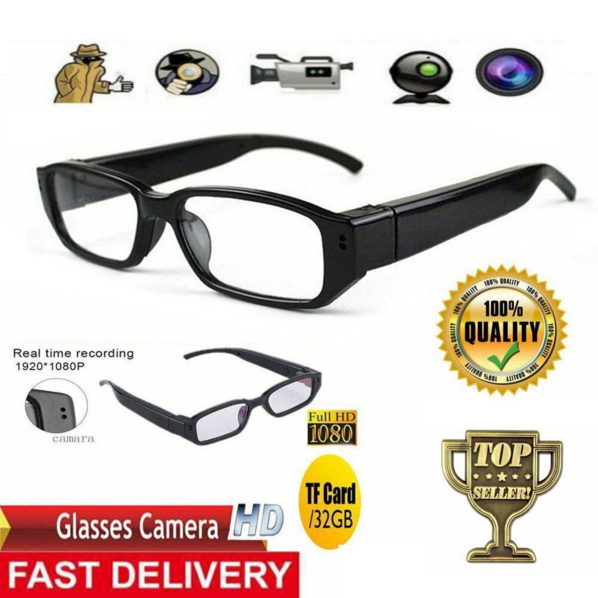 Mini Camera Glasses HD 1080P Hidden Eyeglass Sunglasses Eyewear Camcorder+64G TF 