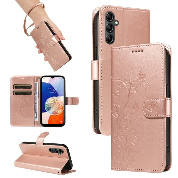 TECH CIRCLE Wallet Case For Galaxy A04E, Emboss Flower Premium PU Leather Magnetic Card Slots Flip Protective Kickstand Case with Wrist Strap for Samsung Galaxy A04E 6.5" 2022,Rosegold