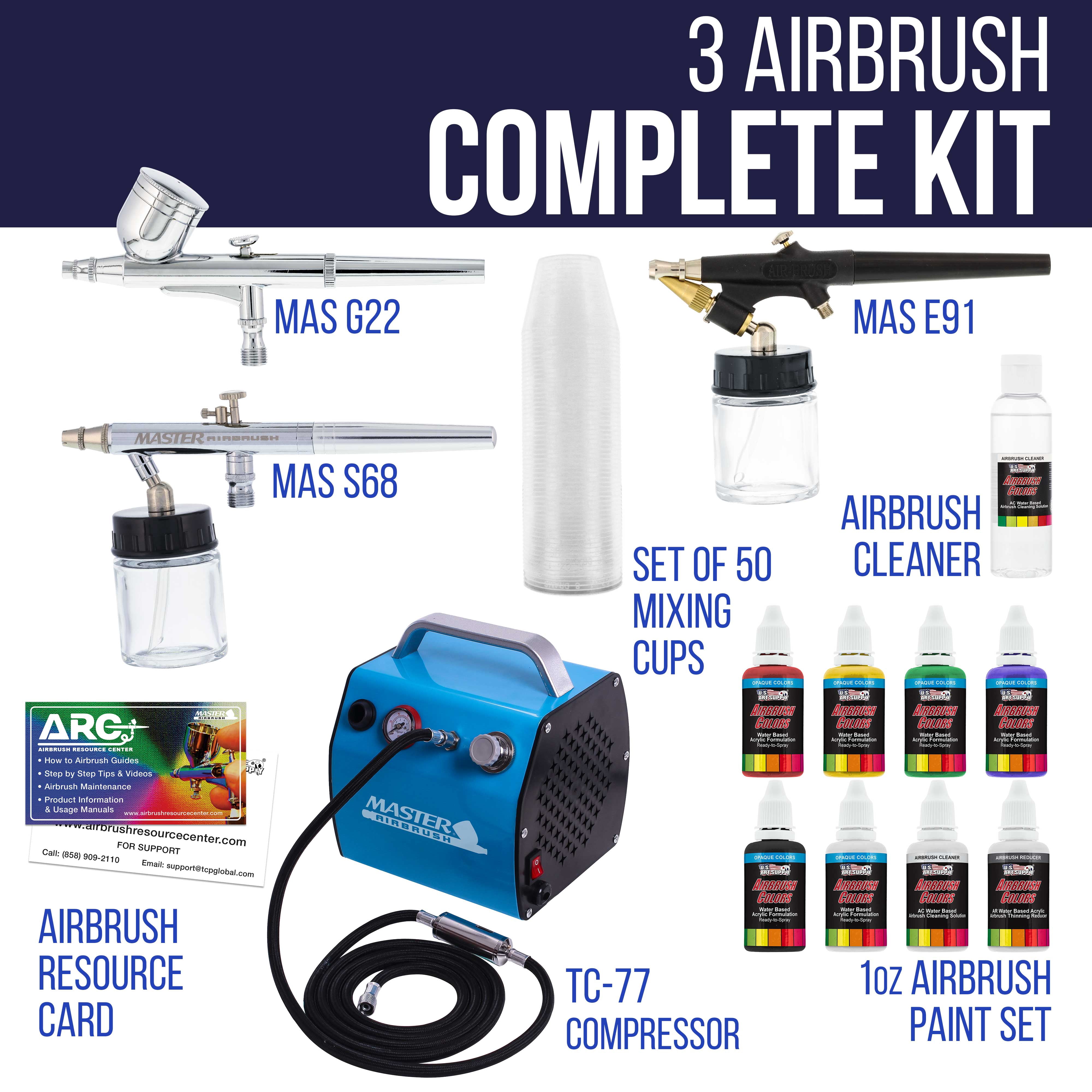 Master Multi-Purpose Professional Airbrushing System with 3 Airbrushes & Deluxe Compressor w/ 6 U.S. Art Supply Colors