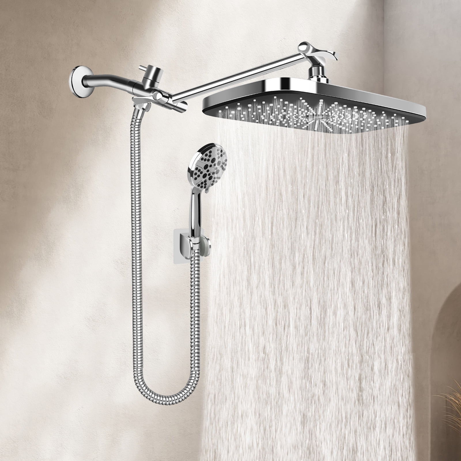 PHANCIR 12 Inch Rain Shower Head Combo, High Pressure Rainfall with Ajustable Extension Arm, 7 Modes Handheld Showerhead for Bathroom, Chrome