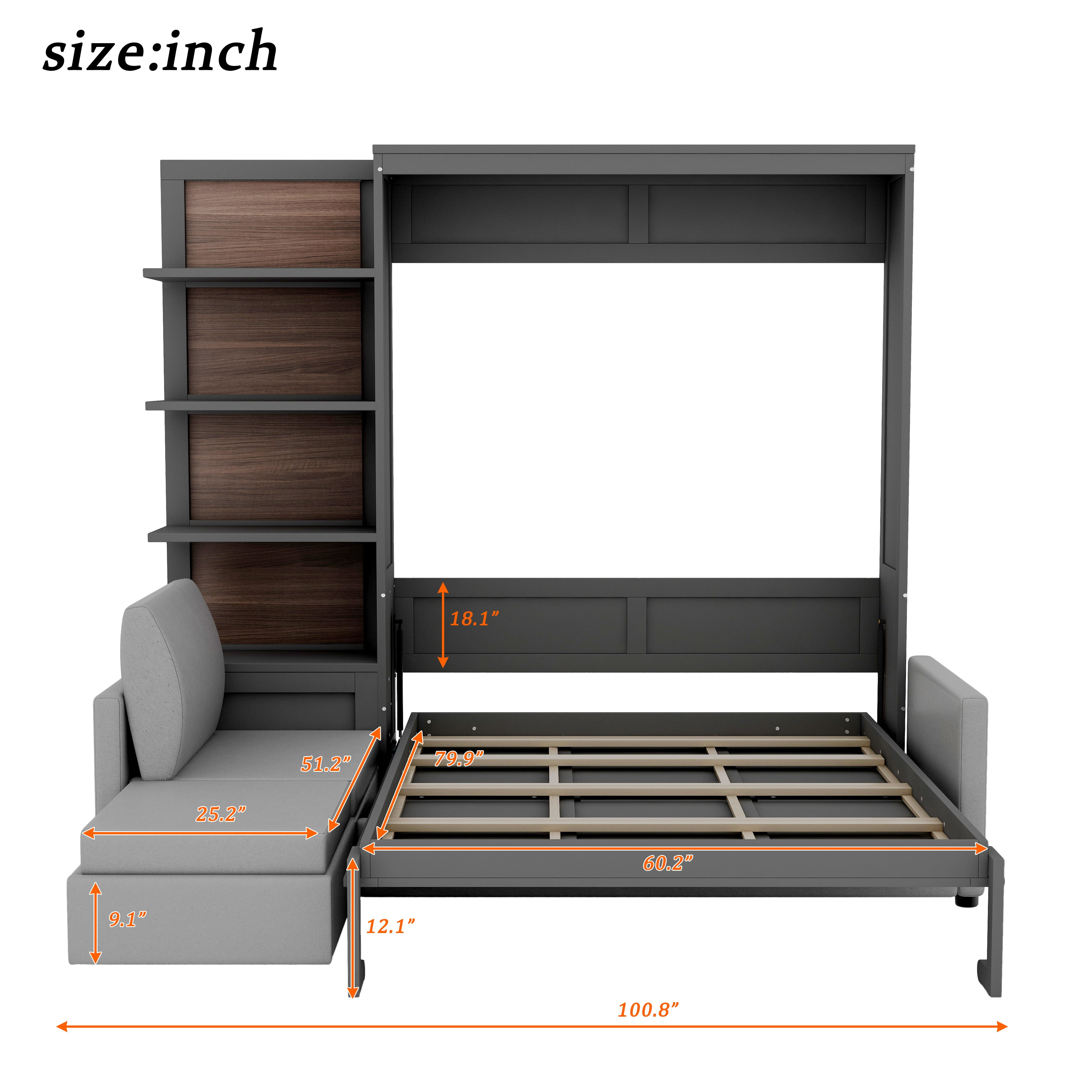 Queen Size Murphy Bed with L Shape Sofa and Open Shelves,Space-Saving for Small Space, Guest Room
