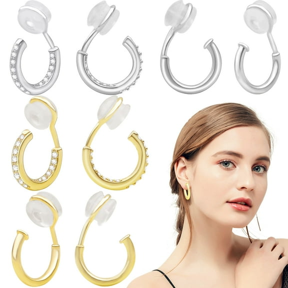 4 Pairs Clip On Hoop Earrings for Women, 14K Real Gold Plated Brass Non Piercing Earring Clips 14 mm Small Fake Chunky Hoops Earrings Accessories for Non-Pierced Ears, Golden/Silver