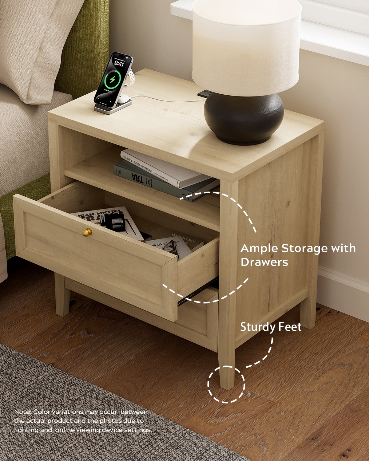 EYYTHUNG Modern Nightstand with Drawers Wooden End Table with Charging Station Farmhouse Night Stand Bedside Side Table with Storage, Light Oak