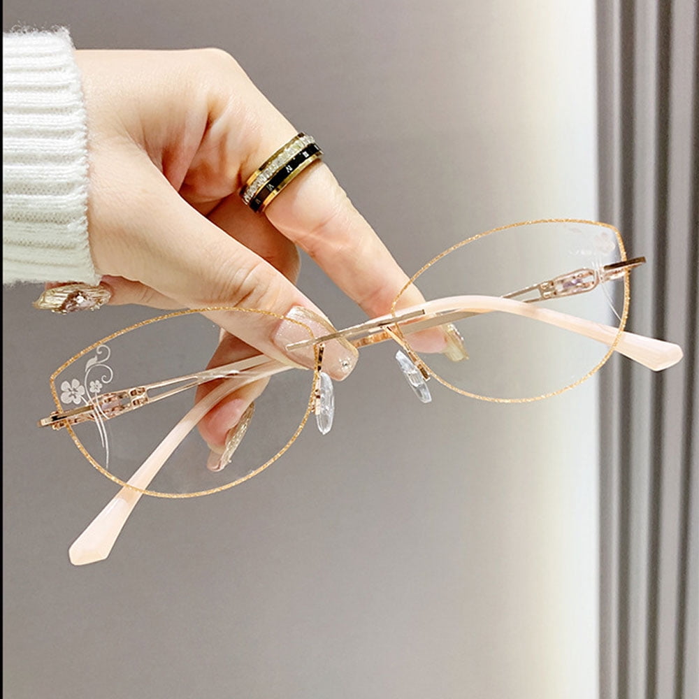 2 Pairs of Women Rimless Anti-blue Light Reading Glasses 3.50, Ladies Ultralight Gold Bling Glitter Cat Eye Readers +3.50 Strength