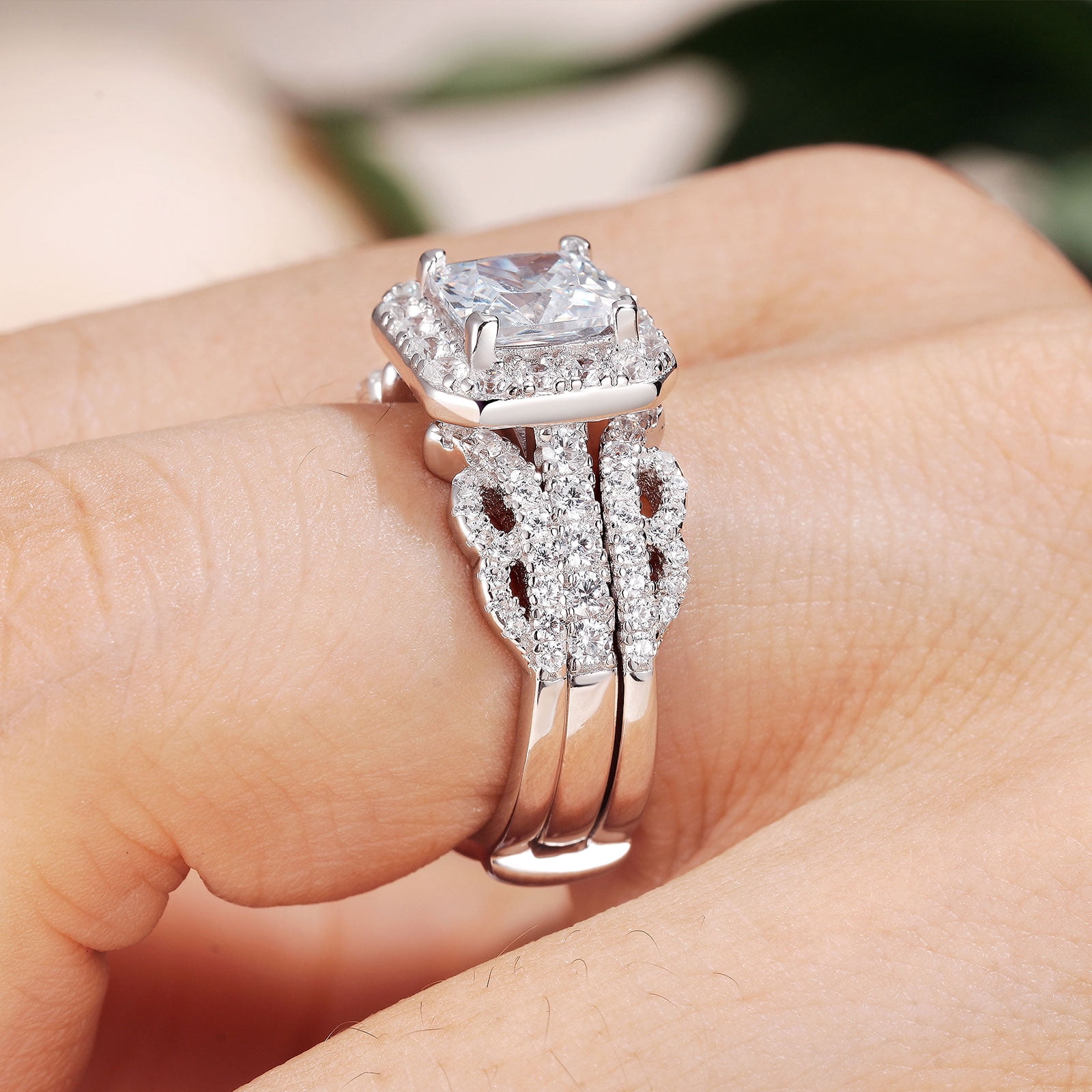 Newshe Jewellery 3CT Wedding Ring Set for Women Wedding Sets Ring Enhancer for Engagement Rings Princess Cut 925 Sterling Silver AAAAA Cz Size 10