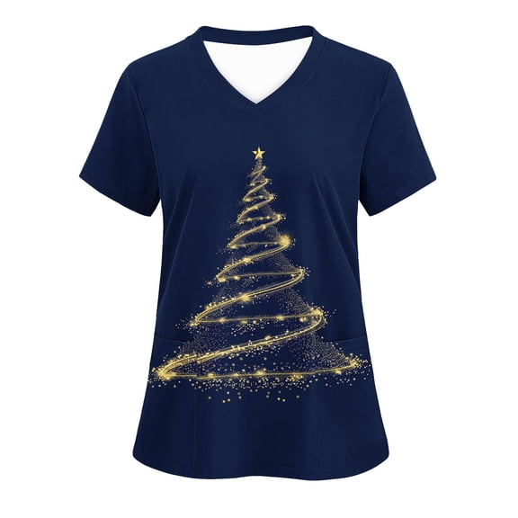 Haivin Women's Christmas Print V-Neck Short Sleeve Scrub Top with Pocket, Comfortable and Functional, for Healthcare, Christmas Party, and Daily Wear