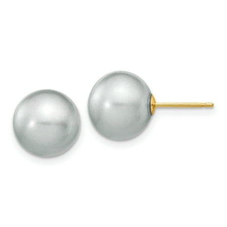 11mm Pearl Earrings - 14k Yellow Gold 11mm Grey Round Freshwater Cultured Pearl Stud Post Ball Button Earrings Fine Jewelry For Women Gift Set